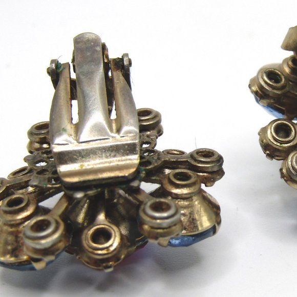 Vintage Rhinestone Earrings Pink Blue Clip On - Picture 3 of 3